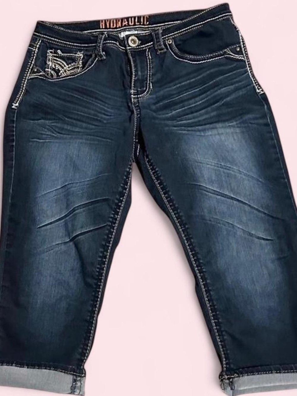 Vintage Hydraulic y2k capri jeans with white and brown stitching